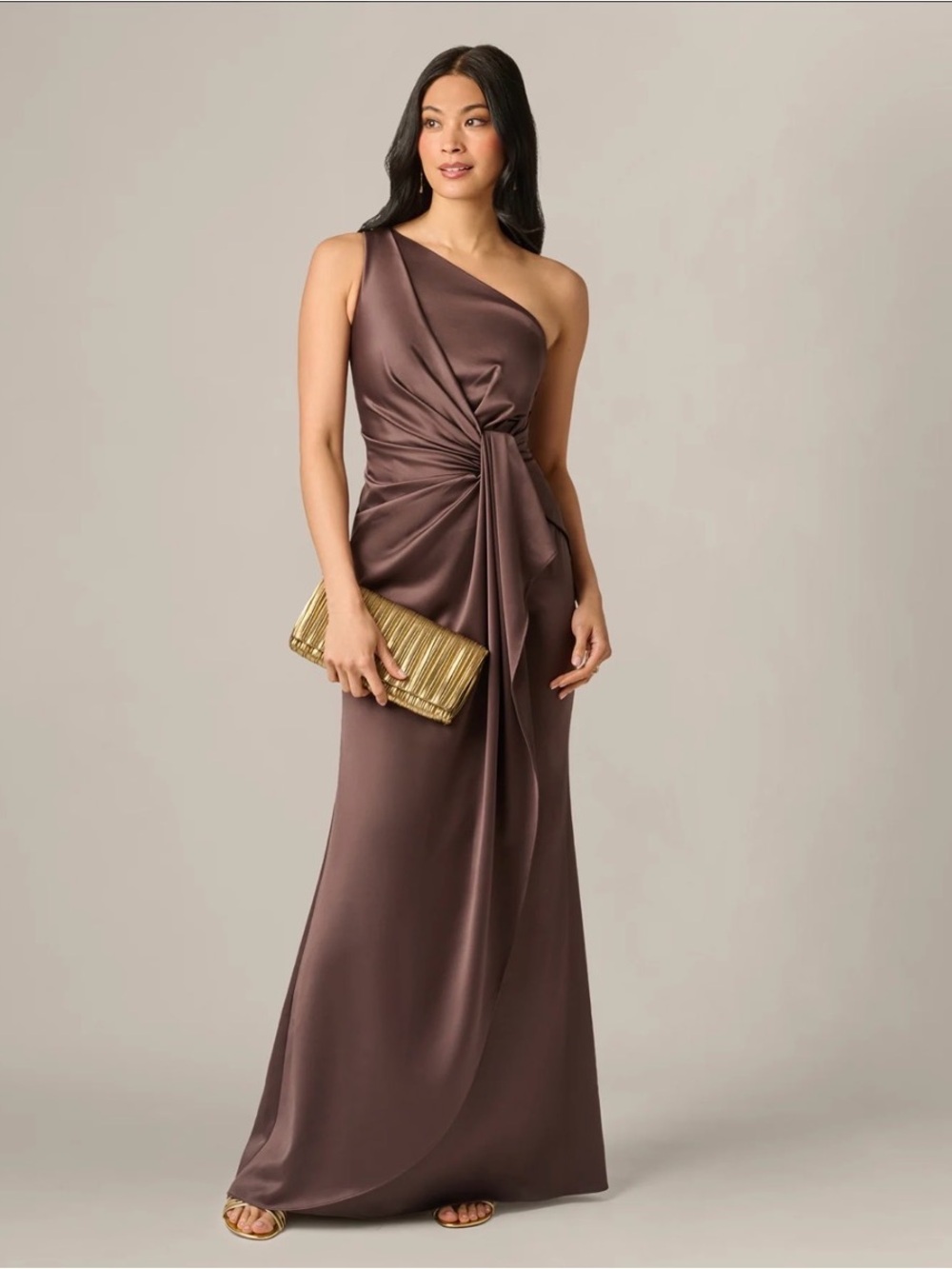 NWT Adrianna Papell One-Shoulder Brown Evening Gown with Draped Knot